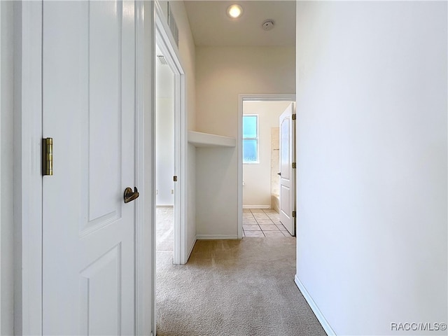 hall featuring baseboards and carpet floors