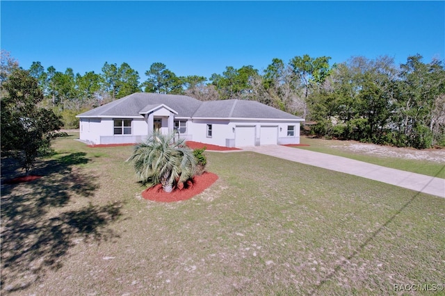 ranch-style house with driveway, an attached garage, and a front yard