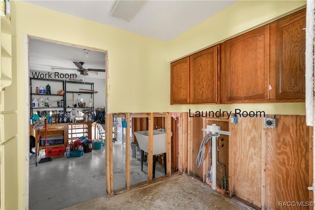 interior space featuring ceiling fan