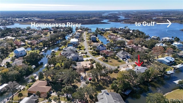 aerial view featuring a residential view and a water view