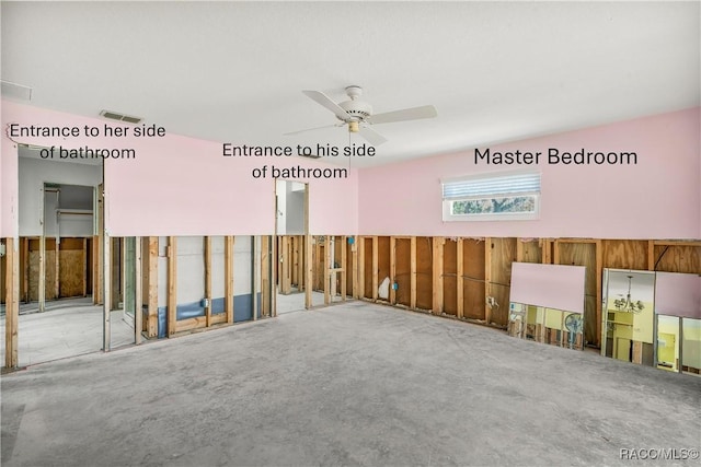 misc room featuring visible vents, concrete flooring, and a ceiling fan