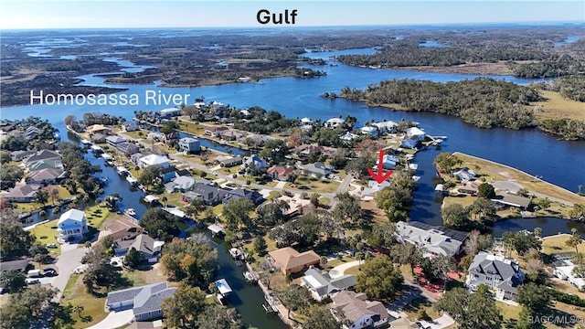 aerial view featuring a water view and a residential view