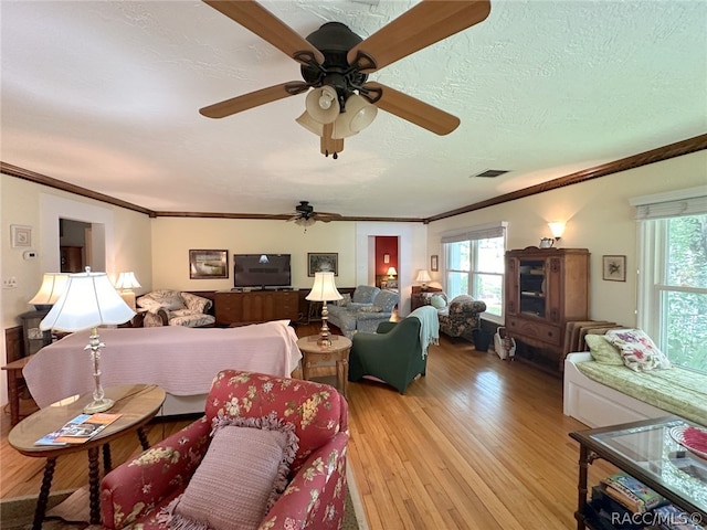 living room with crown molding, plenty of natural light, light hardwood / wood-style floors, and a textured ceiling