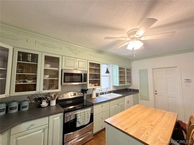 kitchen featuring a textured ceiling, stainless steel appliances, ceiling fan, dark wood-type flooring, and sink