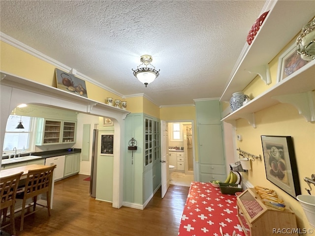 kitchen featuring ornamental molding, a textured ceiling, white dishwasher, sink, and dark hardwood / wood-style floors