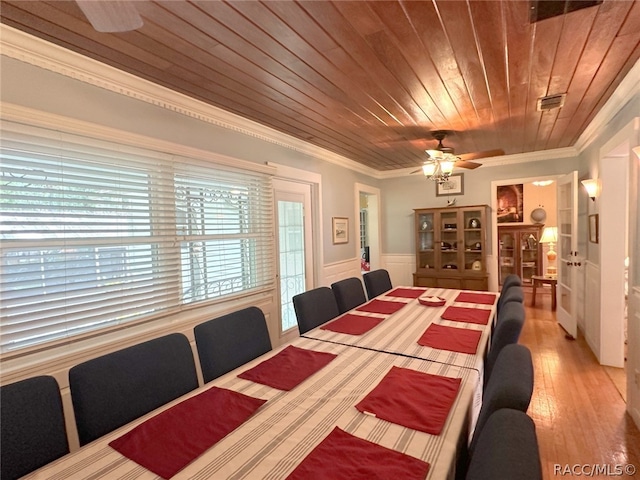 dining room featuring ceiling fan, wood-type flooring, crown molding, and wooden ceiling