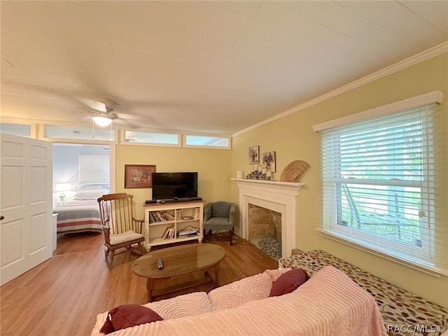 living room featuring hardwood / wood-style floors, ceiling fan, and ornamental molding