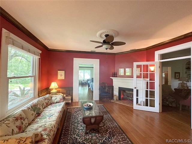 living room with a textured ceiling, ceiling fan, wood-type flooring, and crown molding