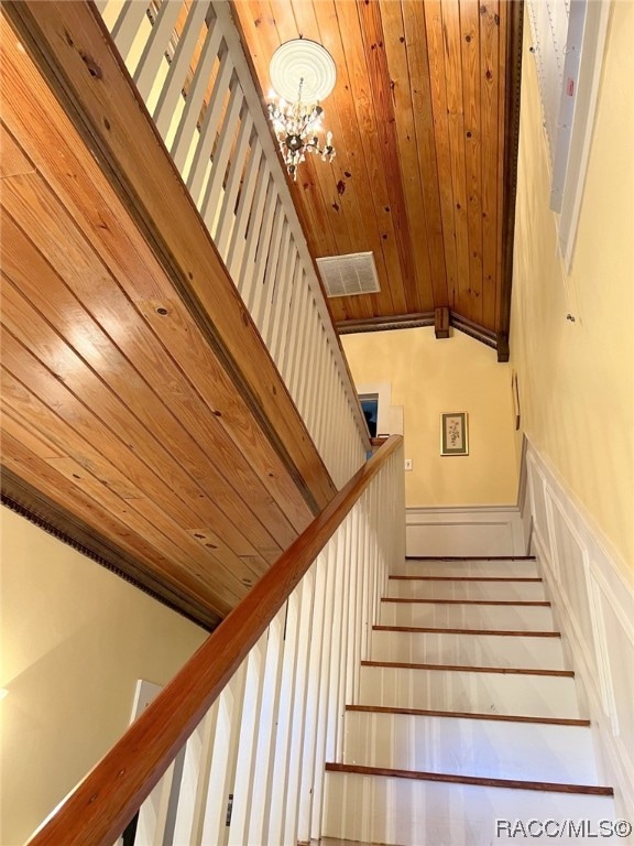 staircase with wood-type flooring, wood ceiling, and an inviting chandelier