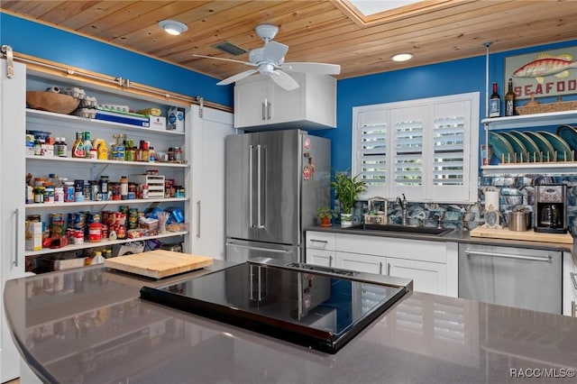 kitchen featuring white cabinetry, sink, ceiling fan, wood ceiling, and appliances with stainless steel finishes