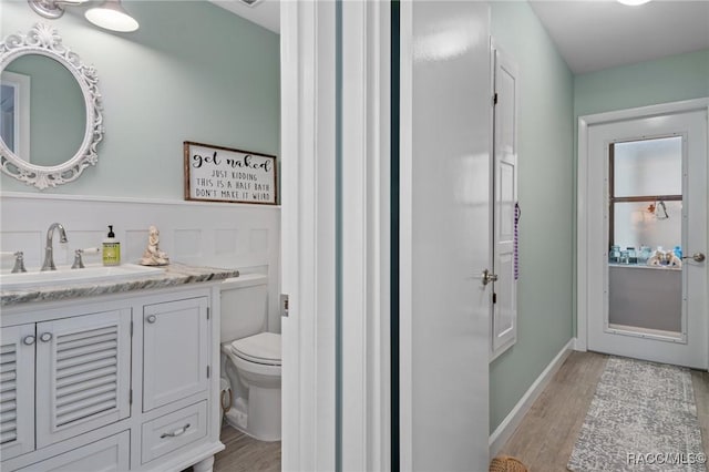 bathroom with vanity, toilet, and wood-type flooring