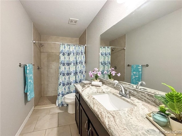 full bath with toilet, visible vents, vanity, tile patterned floors, and a stall shower