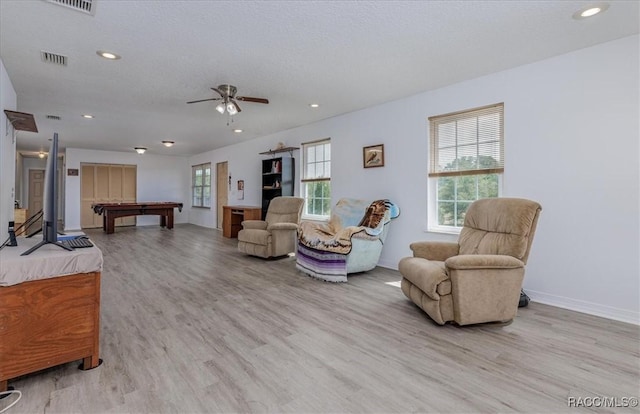 living area with billiards, a ceiling fan, visible vents, recessed lighting, and light wood-style flooring