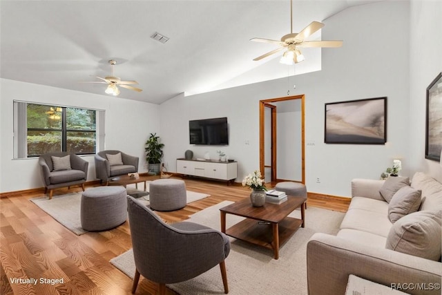 2494 W Axelwood Dr, Beverly Hills, FL 34465 - living room featuring light wood finished floors, visible vents, a ceiling fan, vaulted ceiling, and baseboards