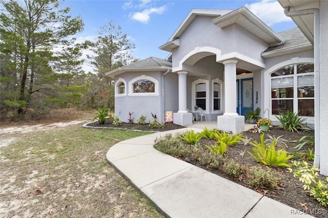 entrance to property featuring a shingled roof and stucco siding