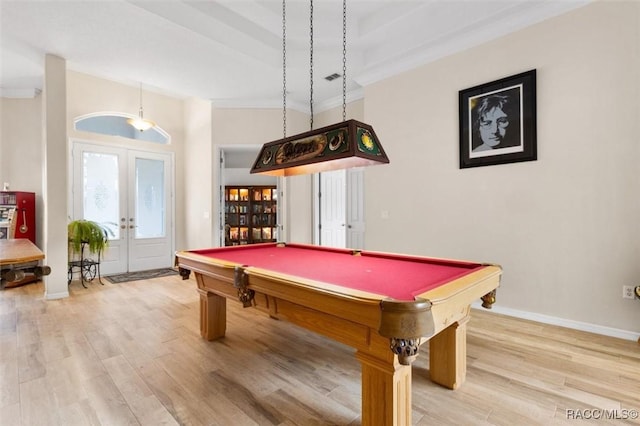 playroom featuring light wood-style flooring, billiards, baseboards, and french doors