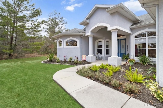 view of exterior entry with a yard, a shingled roof, and stucco siding