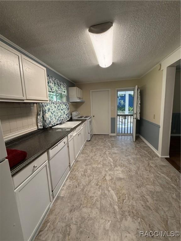 kitchen featuring white cabinets, plenty of natural light, white appliances, and tasteful backsplash