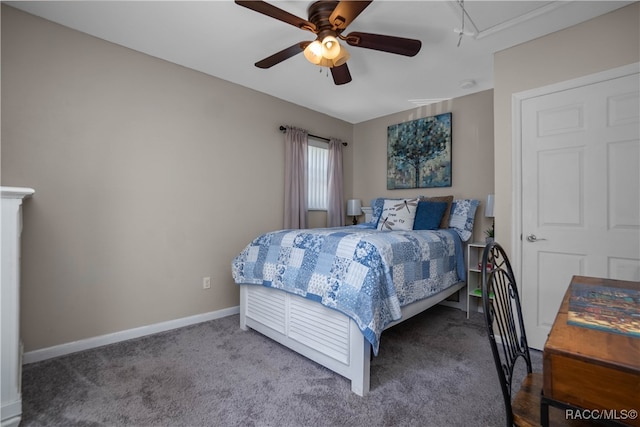 bedroom featuring carpet flooring and ceiling fan