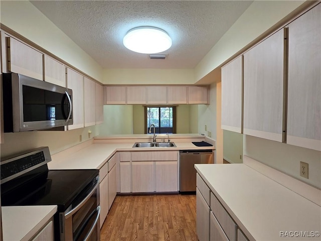 kitchen with appliances with stainless steel finishes, sink, a textured ceiling, and light wood-type flooring