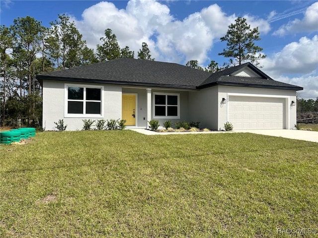 single story home featuring a garage, driveway, a shingled roof, a front yard, and stucco siding