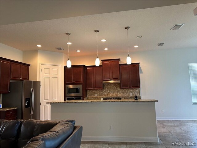 kitchen with decorative backsplash, appliances with stainless steel finishes, wine cooler, and light stone counters