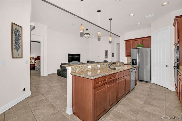 tiled dining area with a chandelier