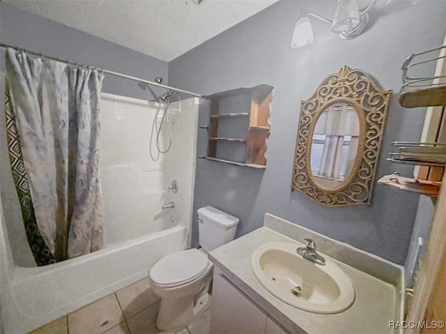 full bathroom featuring tile patterned flooring, a textured ceiling, toilet, vanity, and shower / tub combo