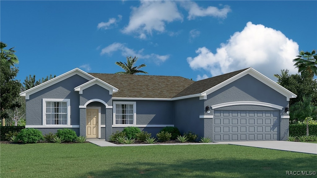 ranch-style house featuring a garage and a front yard