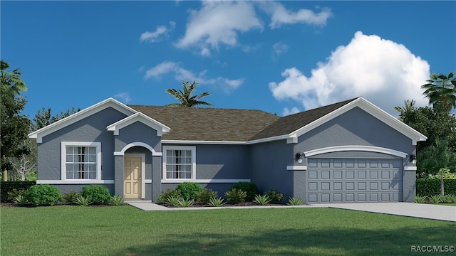 ranch-style house featuring a garage and a front yard