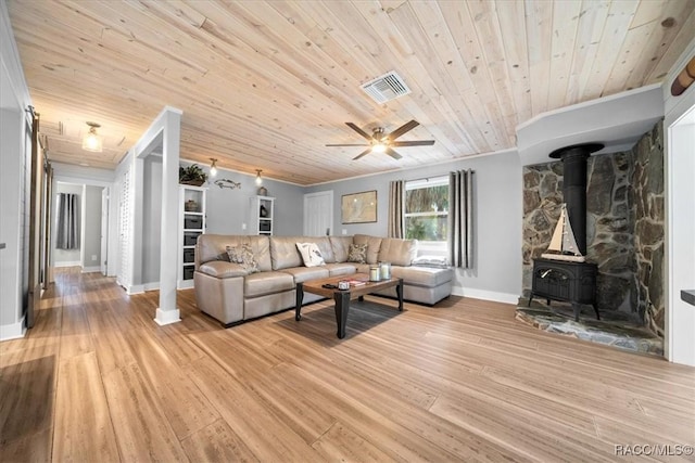 12046 W Gulf Breeze Ct, Crystal River, FL 34429 - living area featuring wooden ceiling, crown molding, a wood stove, light wood finished floors, and ceiling fan