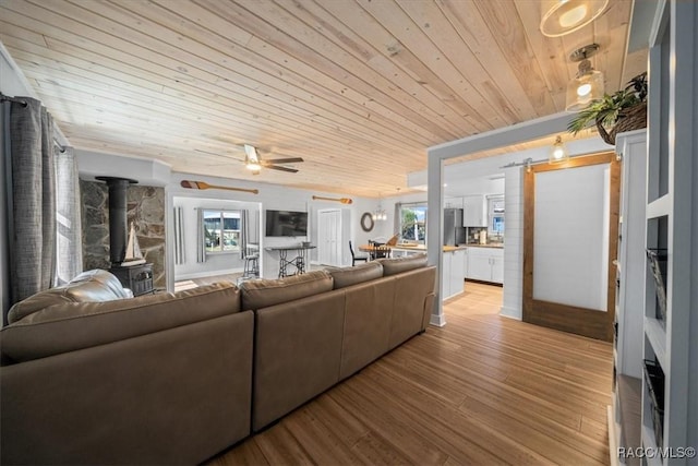 12046 W Gulf Breeze Ct, Crystal River, FL 34429 - living room with a wood stove, wood ceiling, light wood-style floors, and ceiling fan