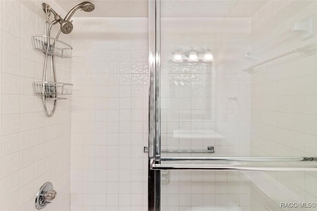 bathroom featuring a shower with door