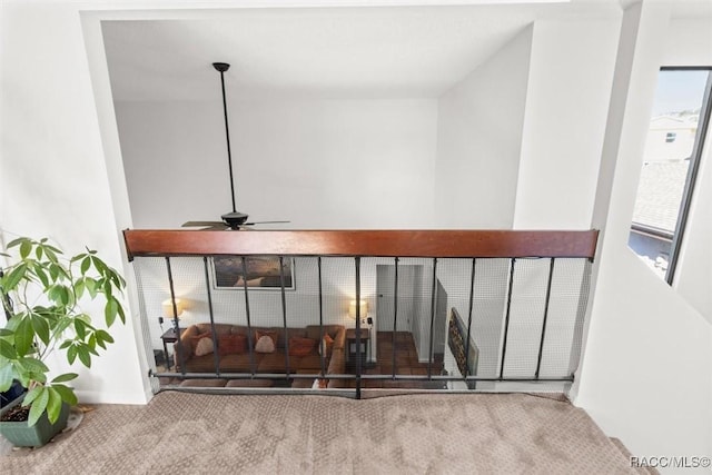 details featuring ceiling fan and carpet flooring