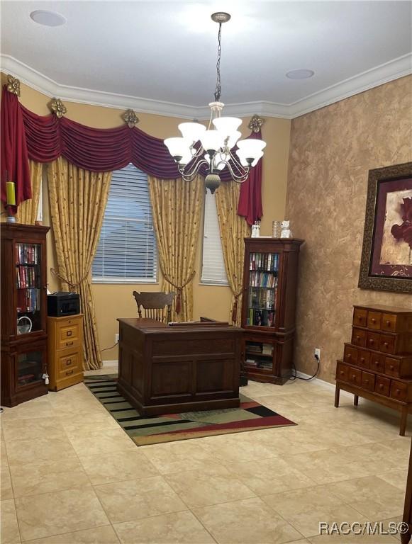 office space featuring an inviting chandelier and ornamental molding