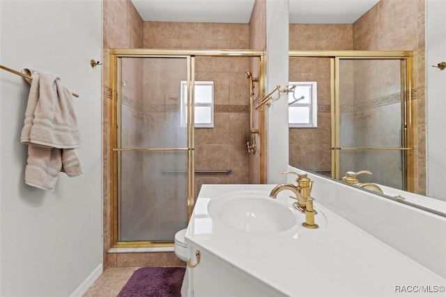 3563 W Blossom Dr, Beverly Hills, FL 34465 - bathroom featuring a stall shower, tile patterned floors, toilet, vanity, and baseboards