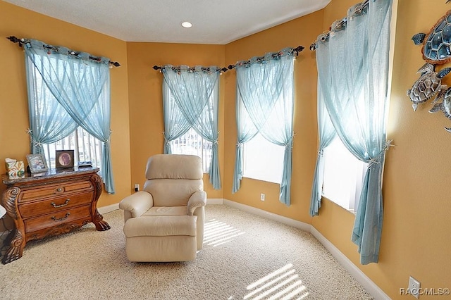 living area featuring a healthy amount of sunlight and carpet