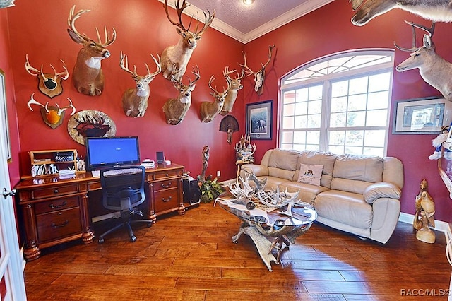 office area featuring hardwood / wood-style flooring and crown molding