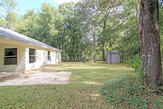 view of yard with a storage unit and a patio area