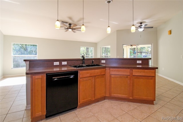 kitchen featuring a center island with sink, a healthy amount of sunlight, sink, and black dishwasher