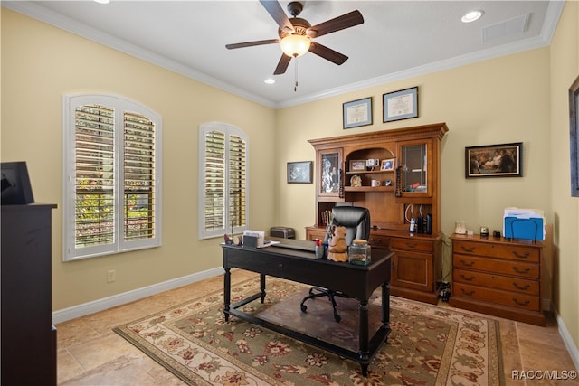 office space with ceiling fan and ornamental molding