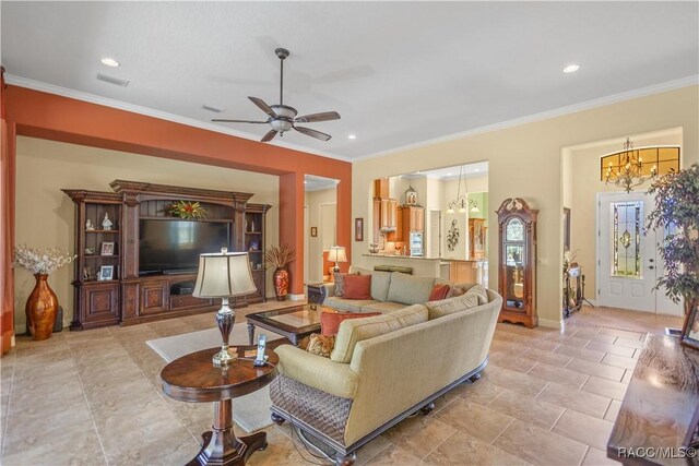 1626 N Eagle Ridge Path, Hernando, FL 34442 - living area with ceiling fan, crown molding, a chandelier, recessed lighting, and baseboards