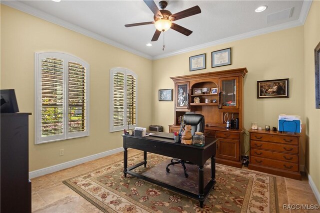 1626 N Eagle Ridge Path, Hernando, FL 34442 - office space featuring ceiling fan, baseboards, crown molding, and recessed lighting