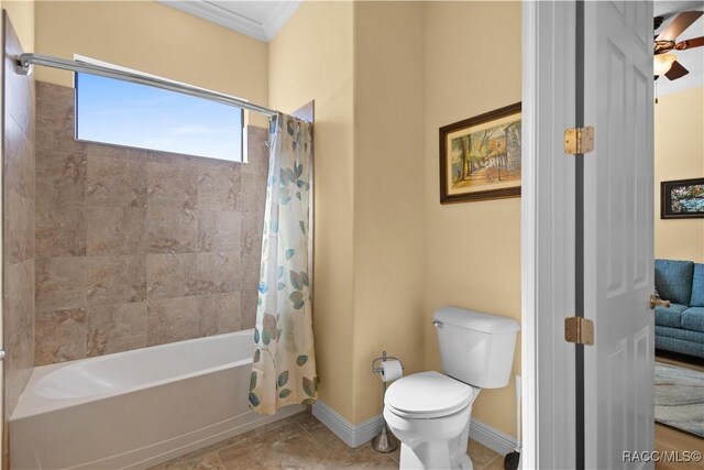 1626 N Eagle Ridge Path, Hernando, FL 34442 - bathroom featuring shower / bathtub combination with curtain, toilet, ornamental molding, baseboards, and tile patterned floors