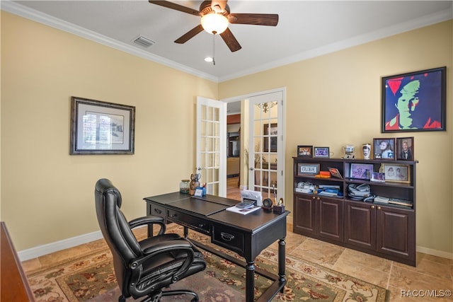 office space featuring ceiling fan, crown molding, and french doors