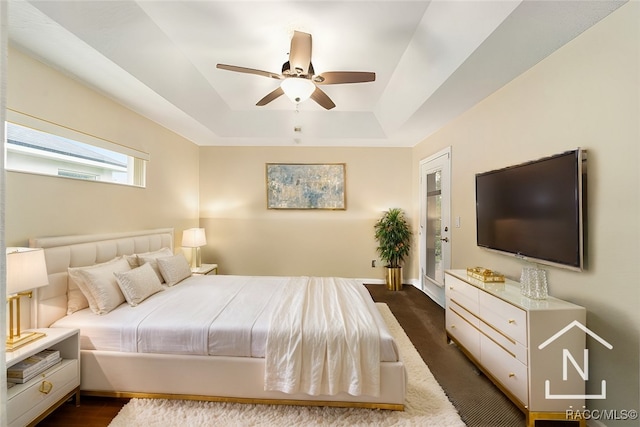 bedroom featuring a raised ceiling and ceiling fan