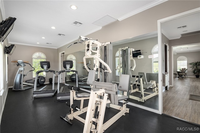 workout area featuring a healthy amount of sunlight, dark hardwood / wood-style floors, and ornamental molding