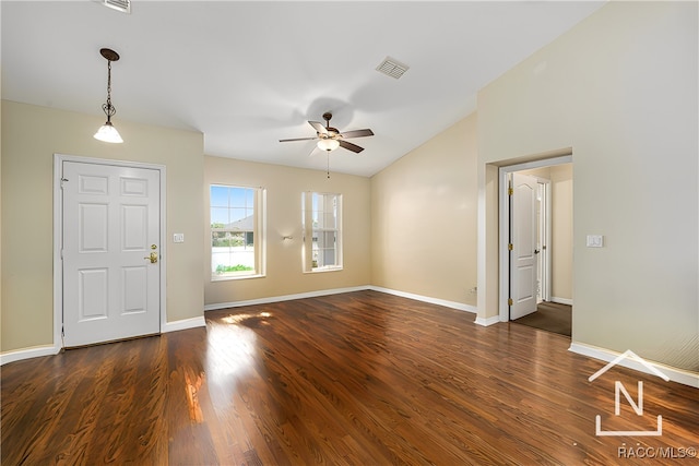 foyer with ceiling fan and dark hardwood / wood-style flooring