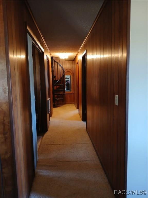 hallway with wood walls and light colored carpet