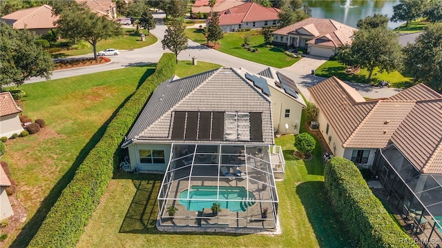 bird's eye view with a water view